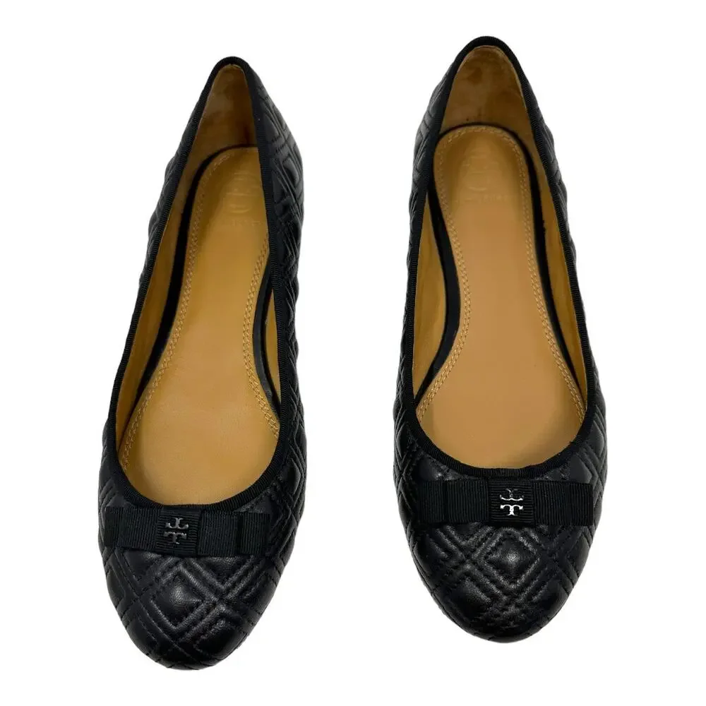 Tory Burch Black Quilted Leather Ballet Flats Bow Logo Size 7M